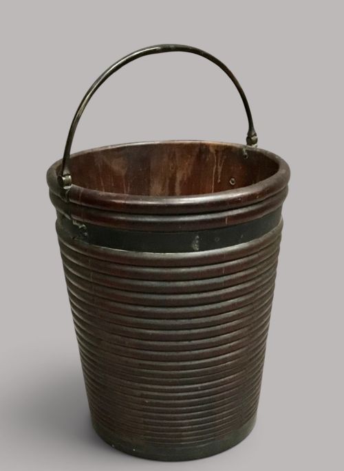 C18th Irish Mahogany Large Peat Bucket; of Rare Ribbed Form in Original Untouched Condition