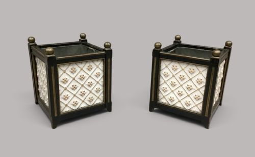 C19th Pair of Square Jardinieres / Planters; with Original Minton Panels