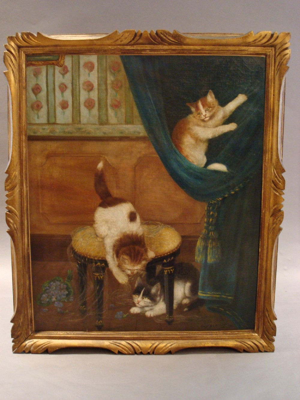 An amusing oil painting of cats