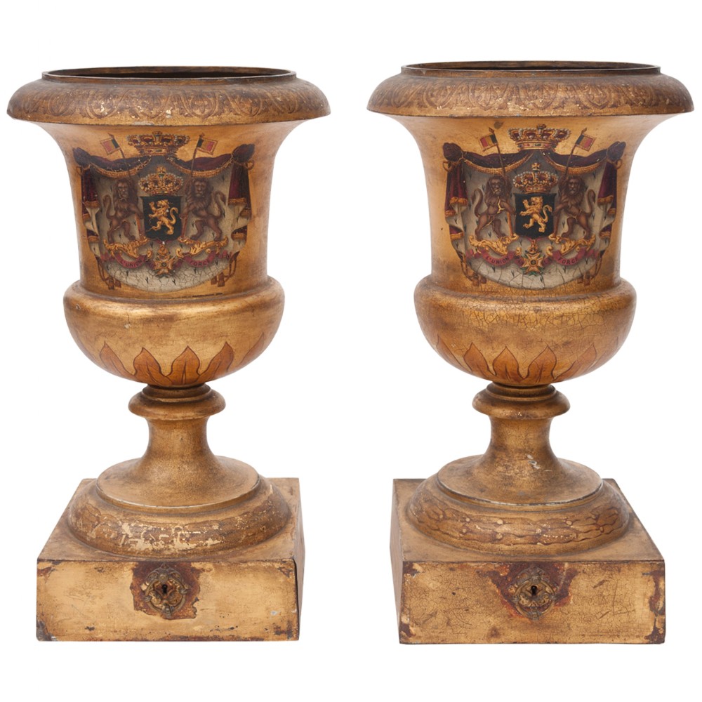 Pair of Large Tole Campana Urns with Royal Crest