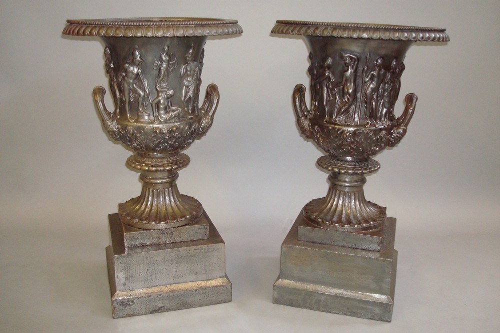 19th Century Pair of Burnished Cast Iron Campana Urns