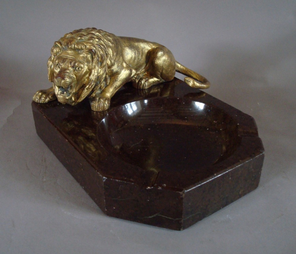 Early C20th Gilt Bronze Lion and Marble Ashtray 