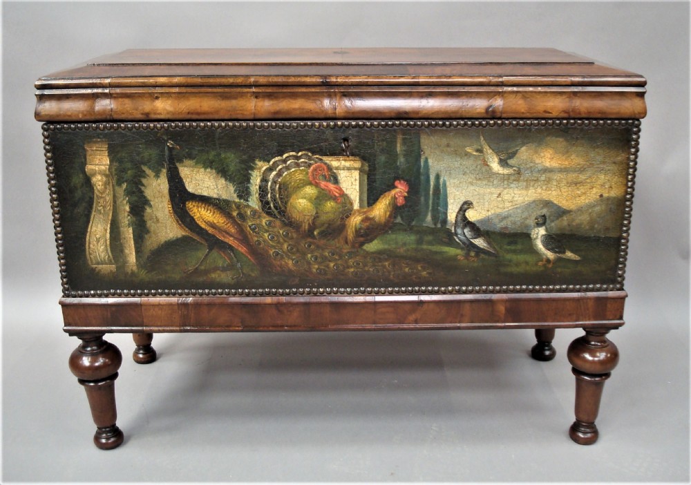 C19th Dutch Walnut and Painted Leather Chest on Stand View II
