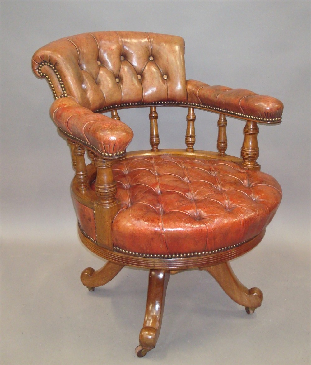 C19th Walnut and Leather Revolving Desk Chair