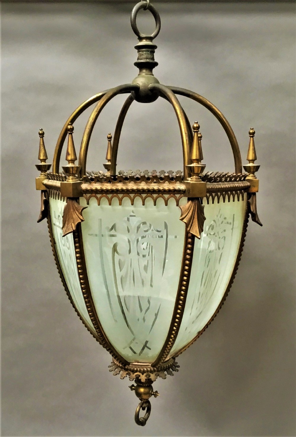 C19th gilt brass hexagonal lantern of pendant design