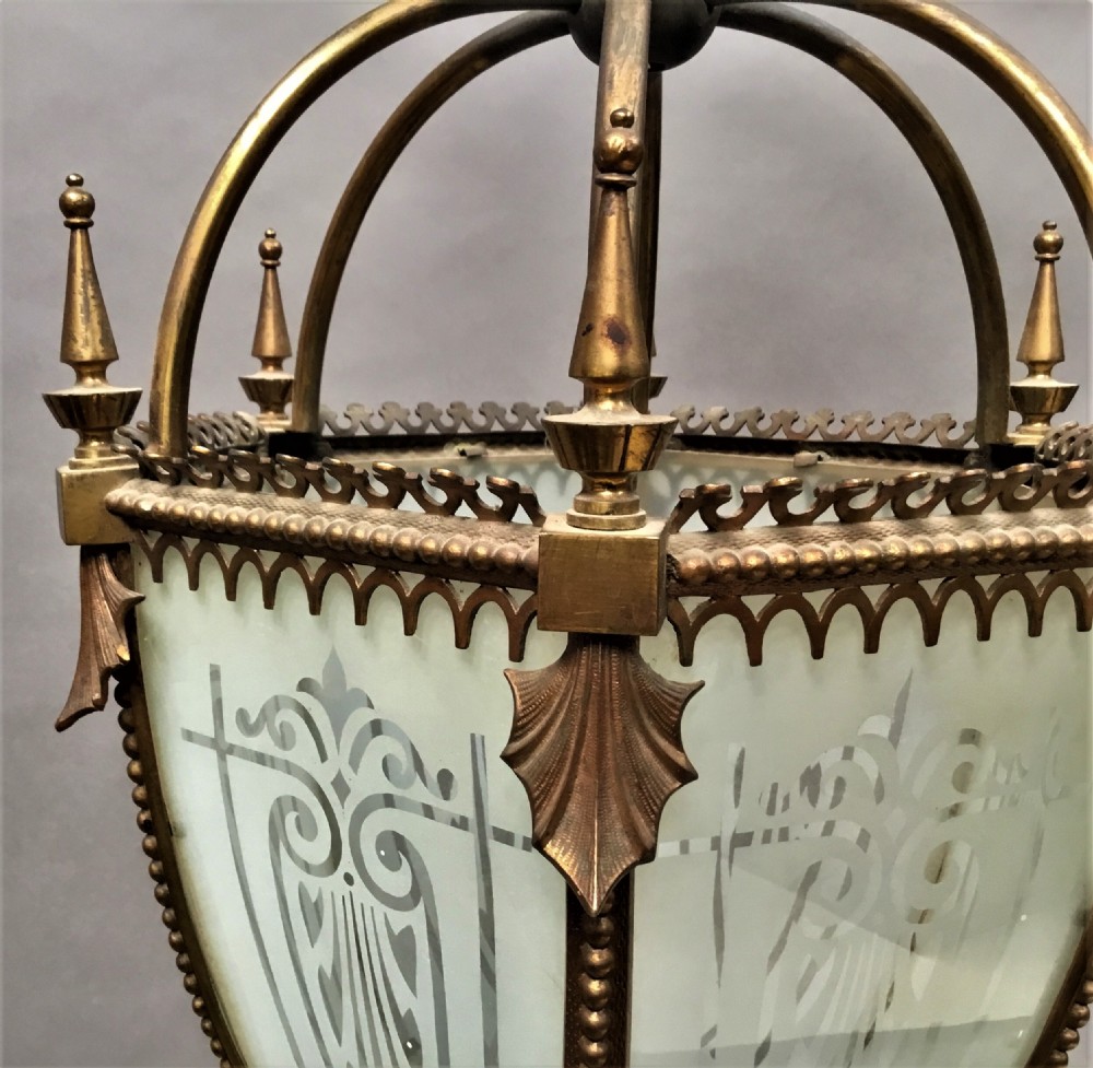 C19th gilt brass hexagonal lantern of pendant design View V