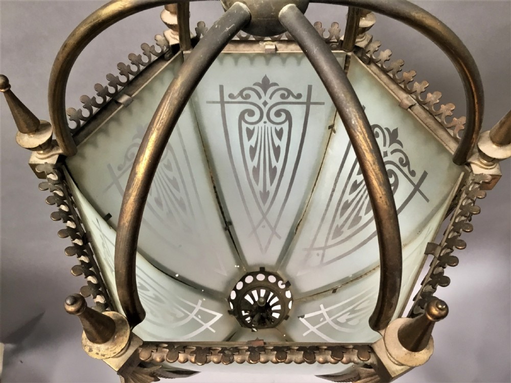 C19th gilt brass hexagonal lantern of pendant design View IX