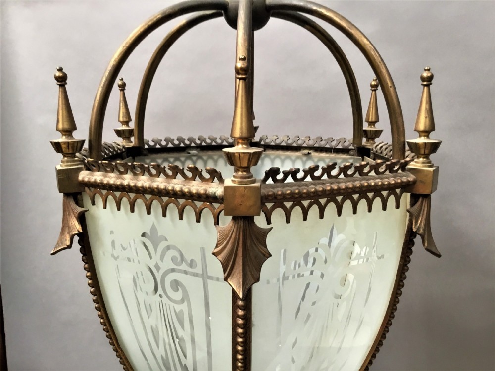 C19th gilt brass hexagonal lantern of pendant design View XI