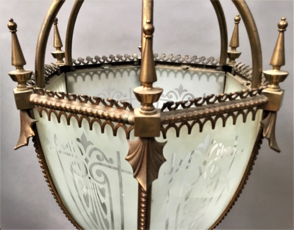 C19th gilt brass hexagonal lantern of pendant design View XII