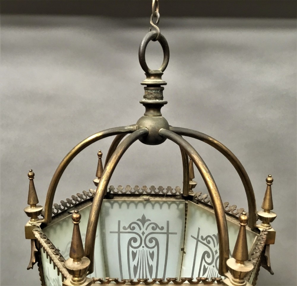 C19th gilt brass hexagonal lantern of pendant design View XIII