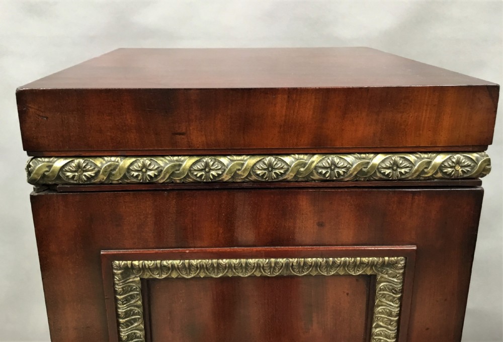 A tall mahogany Regency pedestal cabinet featuring cast brass leaf borders and a single panelled door on a plinth base. View X