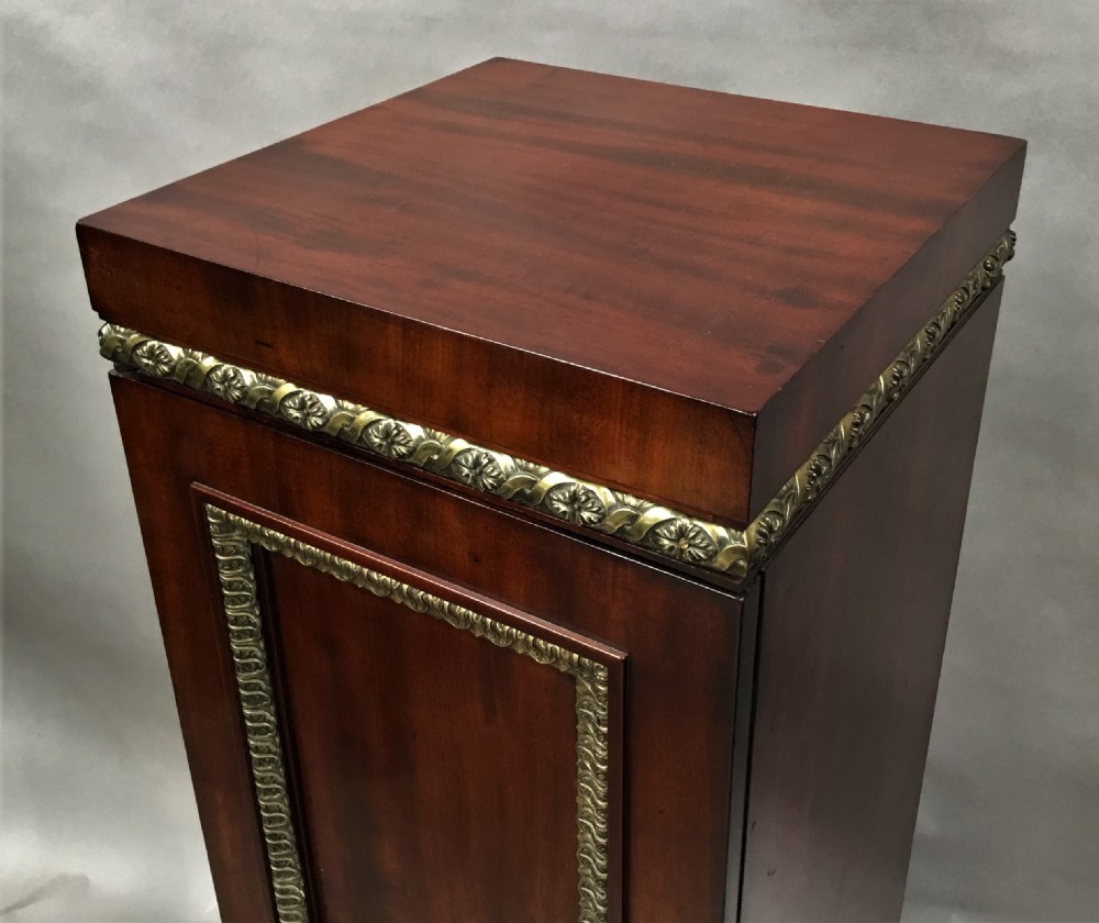 A tall mahogany Regency pedestal cabinet featuring cast brass leaf borders and a single panelled door on a plinth base. View XIV