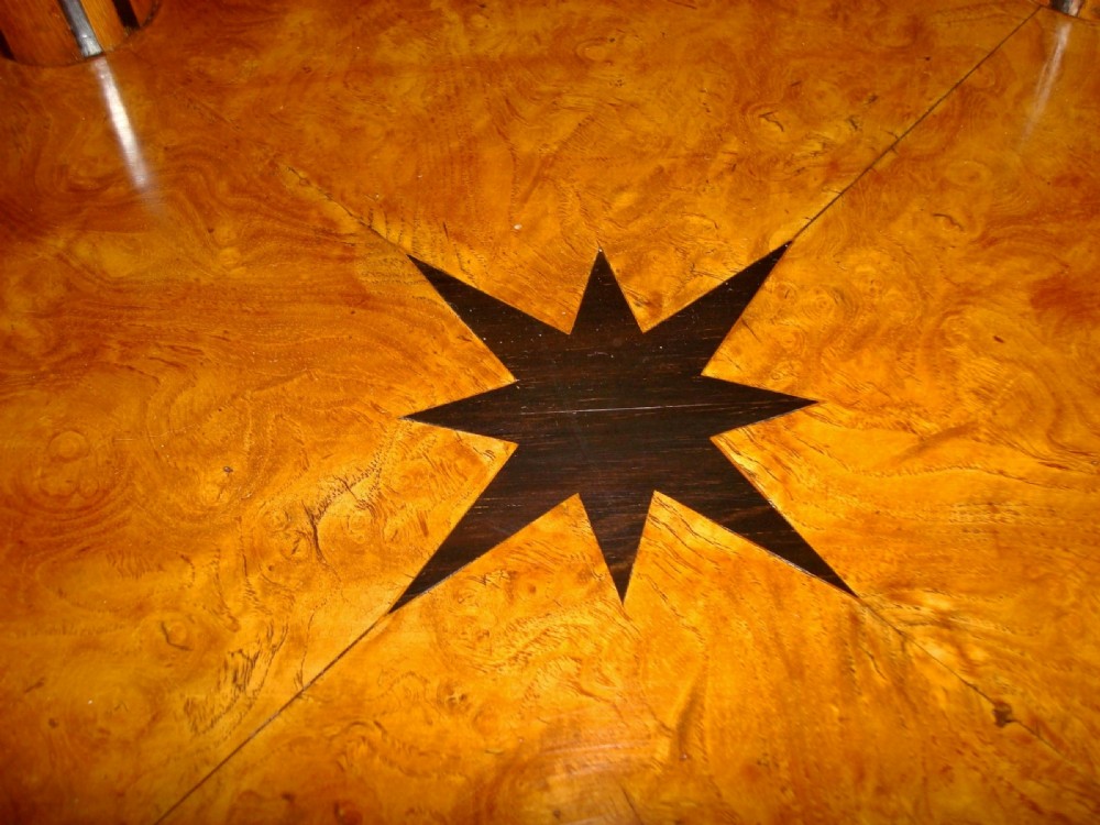 A pair of circular burr elm occasional tables featuring inlaid ebony star motifs, slender vertical legs with black stringing, and an ebony-banded lower tier. View VIII