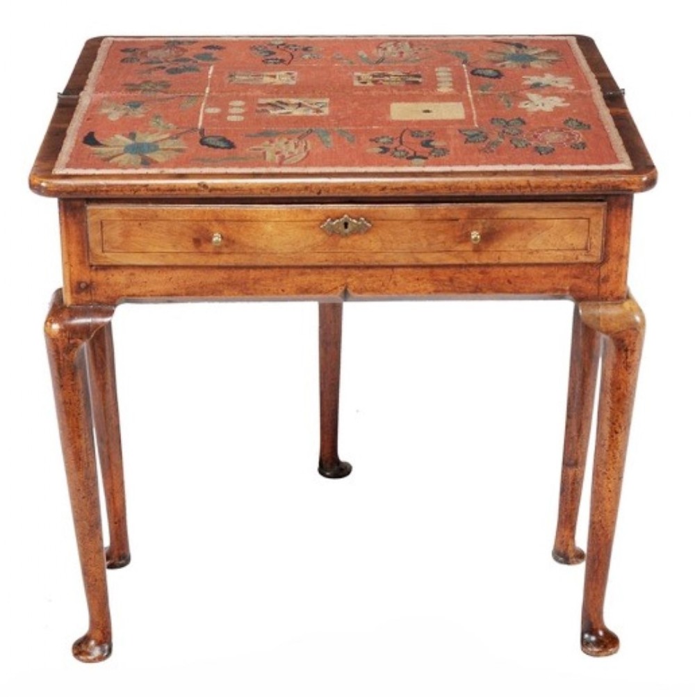 George I walnut card table having a rare needlework interior