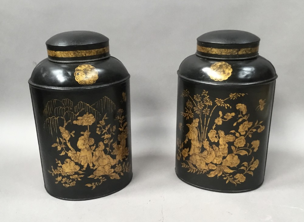 C19th pair of Chinoiserie lacquered tole tea canisters by John Bartlett