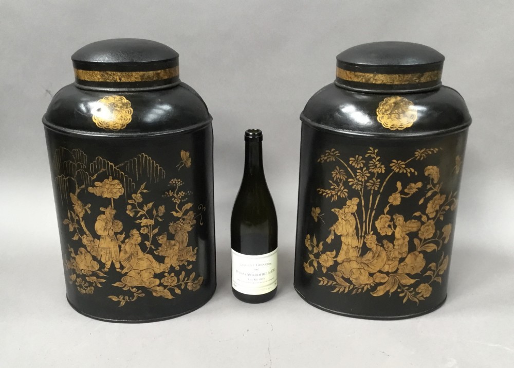 C19th pair of Chinoiserie lacquered tole tea canisters by John Bartlett View II