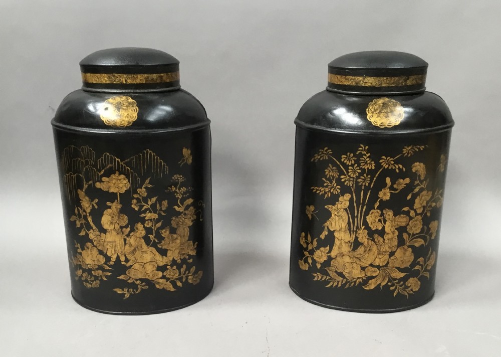 C19th pair of Chinoiserie lacquered tole tea canisters by John Bartlett View III