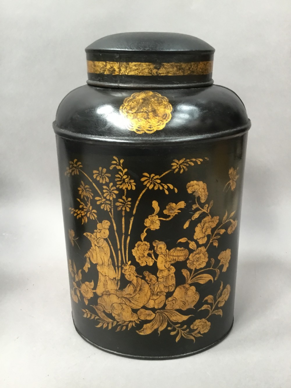 C19th pair of Chinoiserie lacquered tole tea canisters by John Bartlett View V