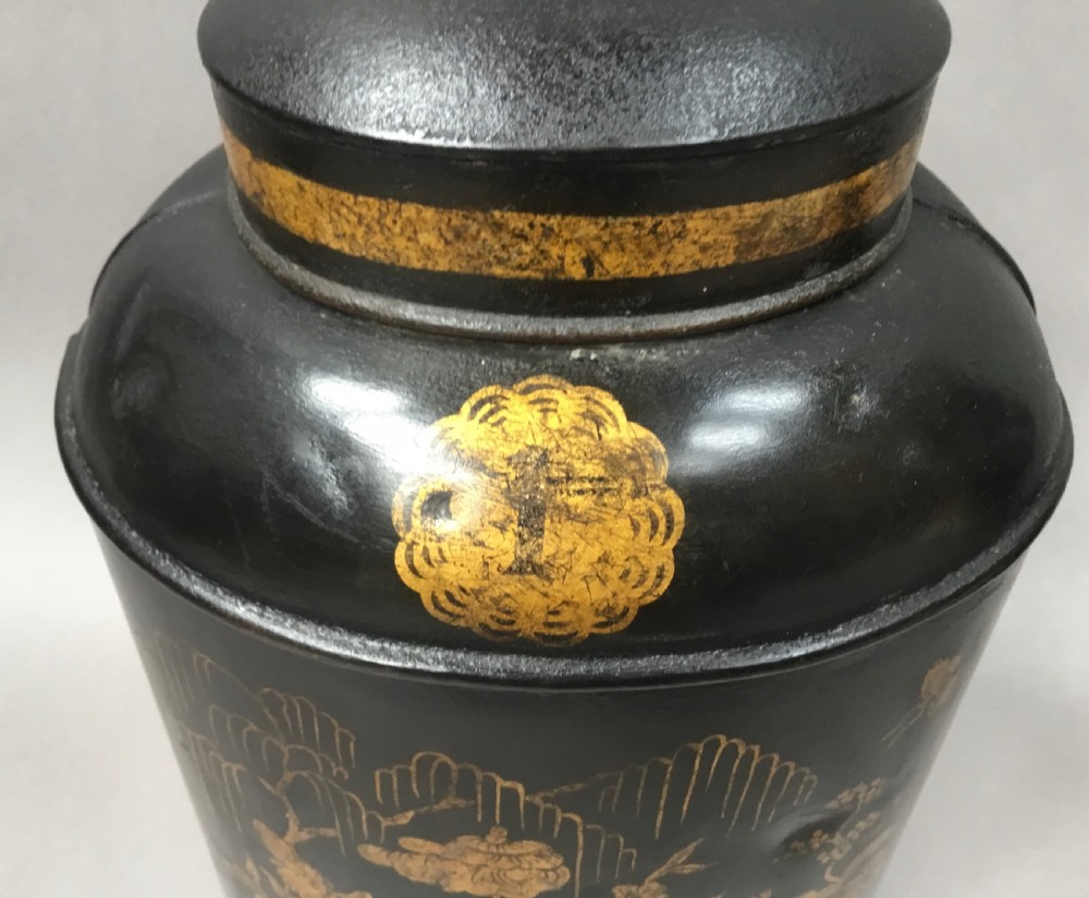 C19th pair of Chinoiserie lacquered tole tea canisters by John Bartlett View XV
