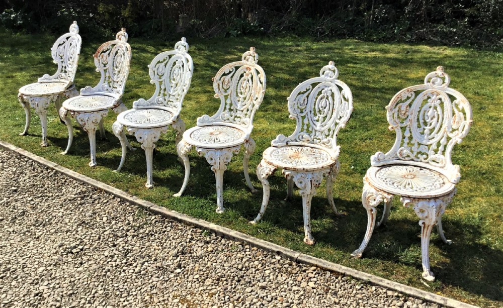 Set of 6 Victorian 'Coalbrookdale' cast iron garden chairs View VIII