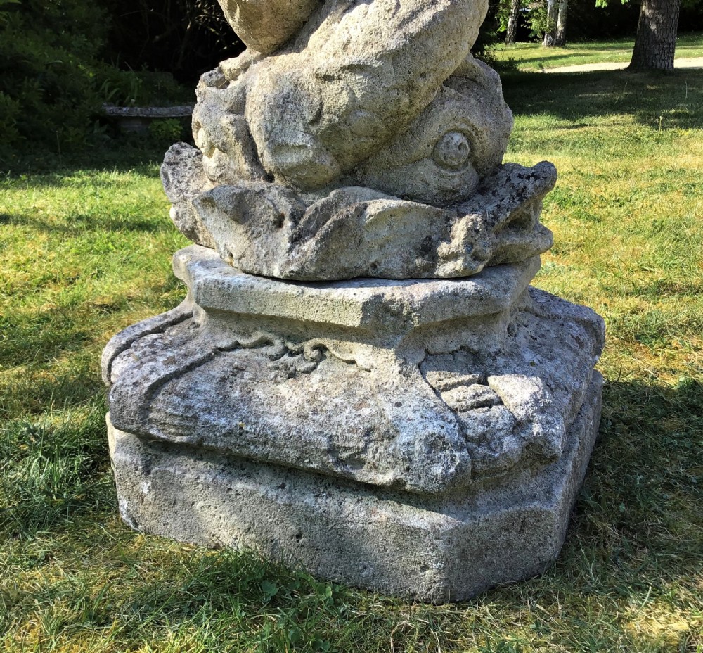 C18th carved limestone pedestal fountain with armillary sundial View XII