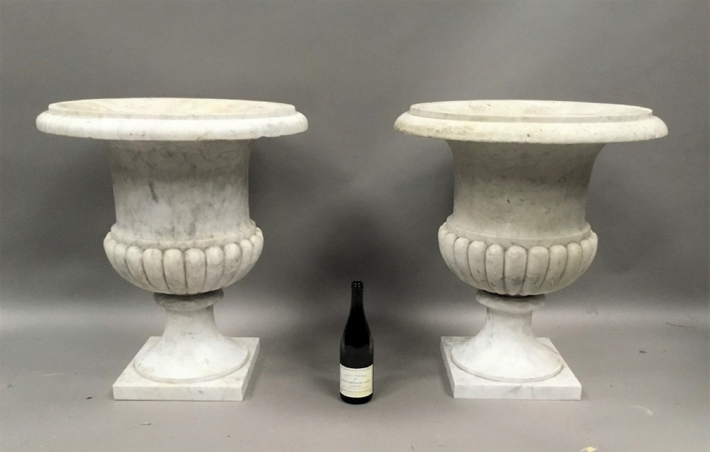 C19th pair of carrara marble urns of large proportion View II