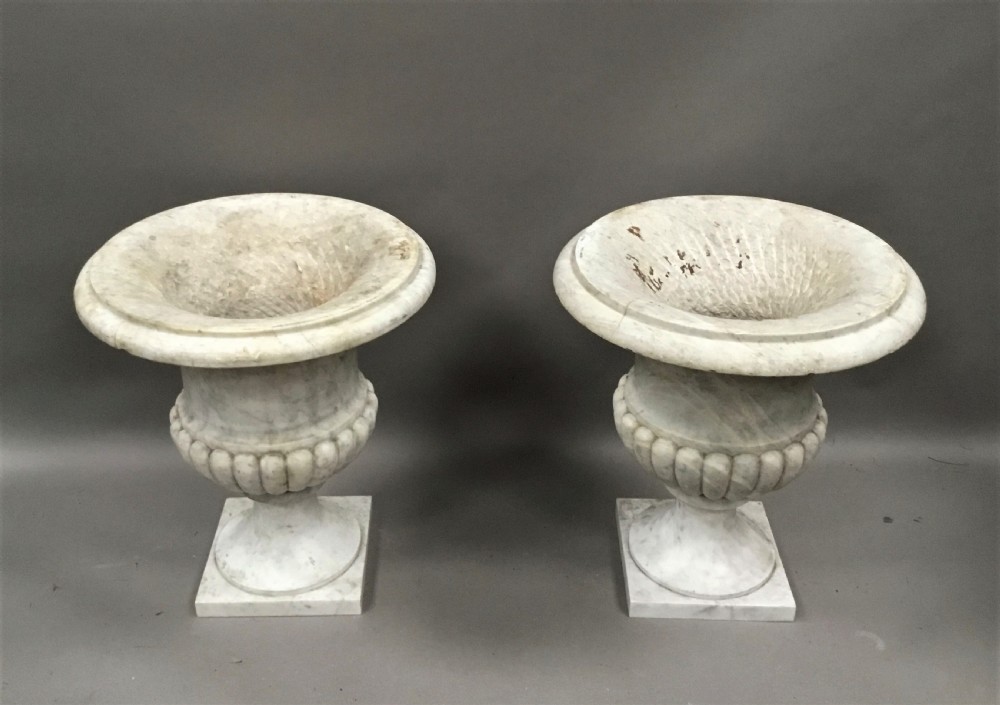 C19th pair of carrara marble urns of large proportion View III