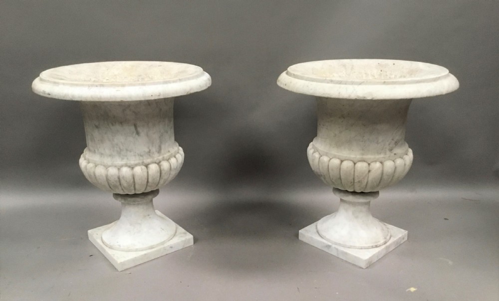 C19th pair of carrara marble urns of large proportion View IX