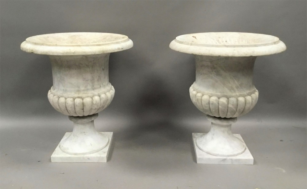 C19th pair of carrara marble urns of large proportion View XII