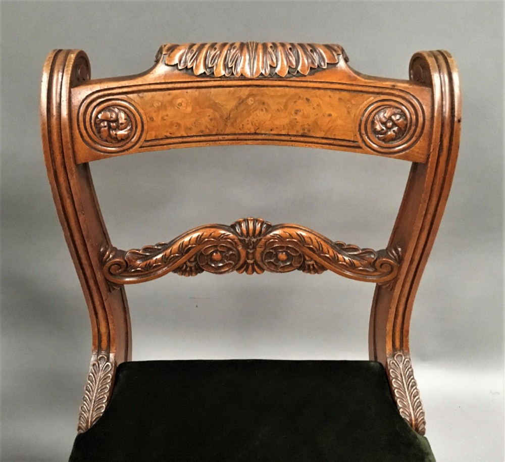 Regency pair of burr elm and elm side chairs in the manner of George Smith View III