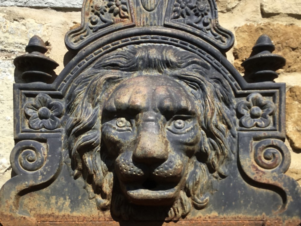 Early C20th cast iron lion mask wall fountain View III