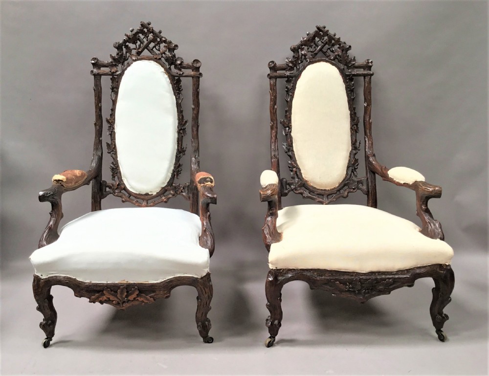C19th pair of Black Forest open armchairs View II
