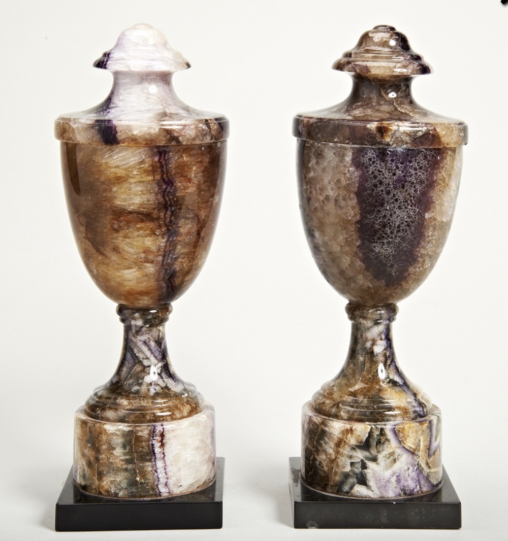 English Regency pair of Blue John urns in the neoclassical taste