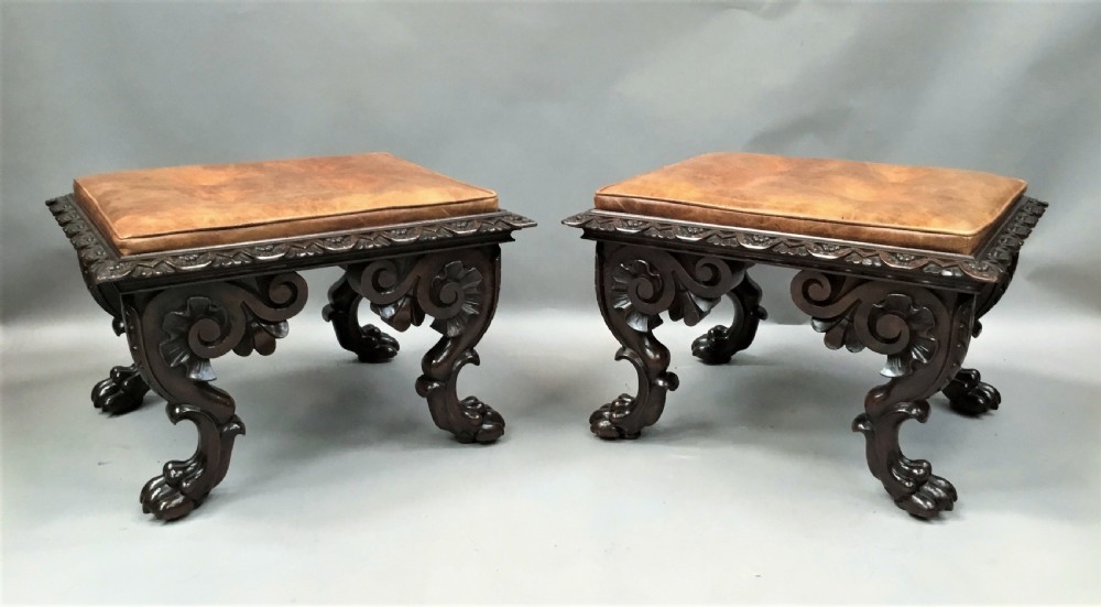 William IV large pair of carved mahogany stools View II