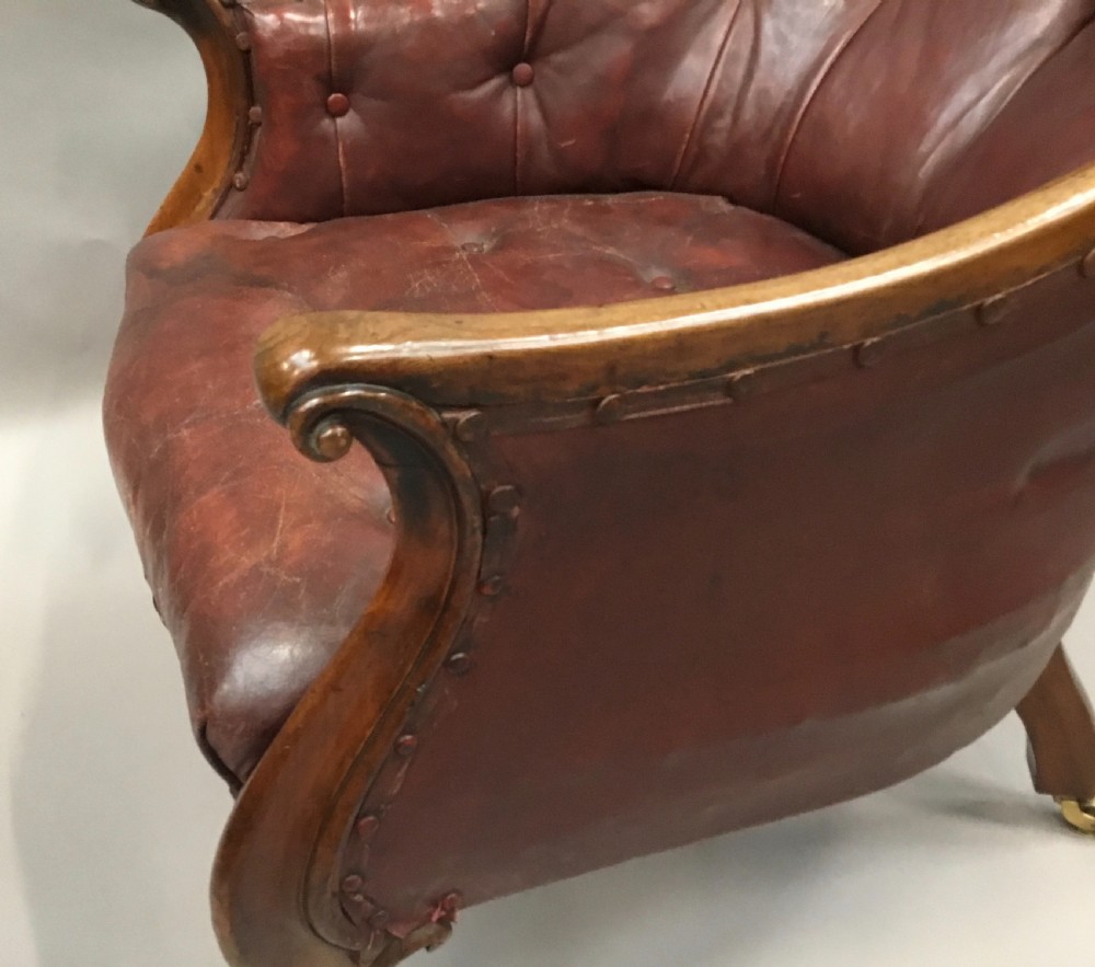 C19th walnut and leather library armchair View IX