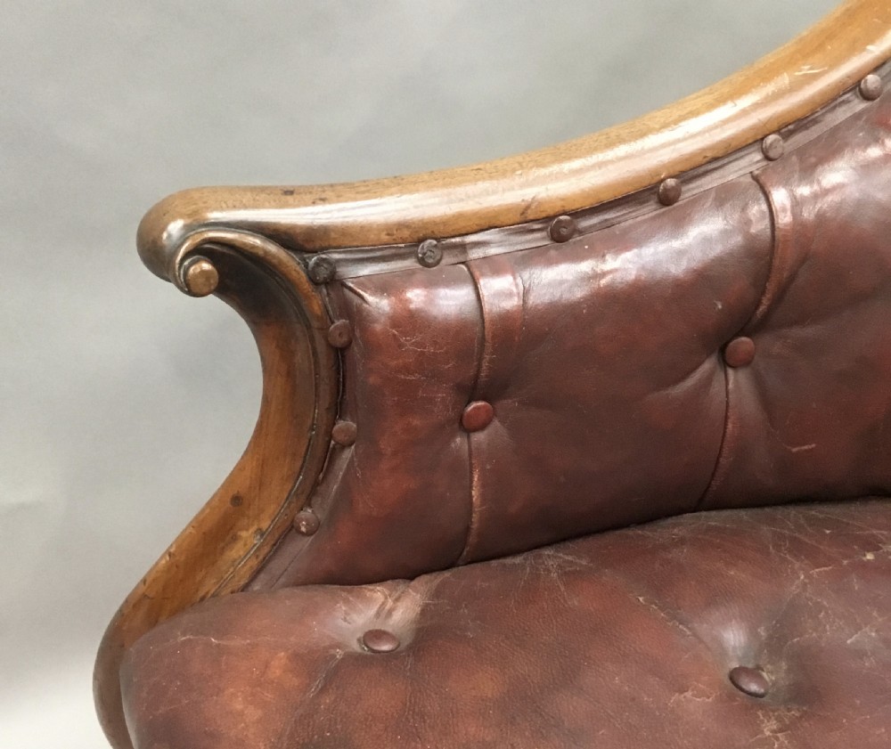 C19th walnut and leather library armchair View X