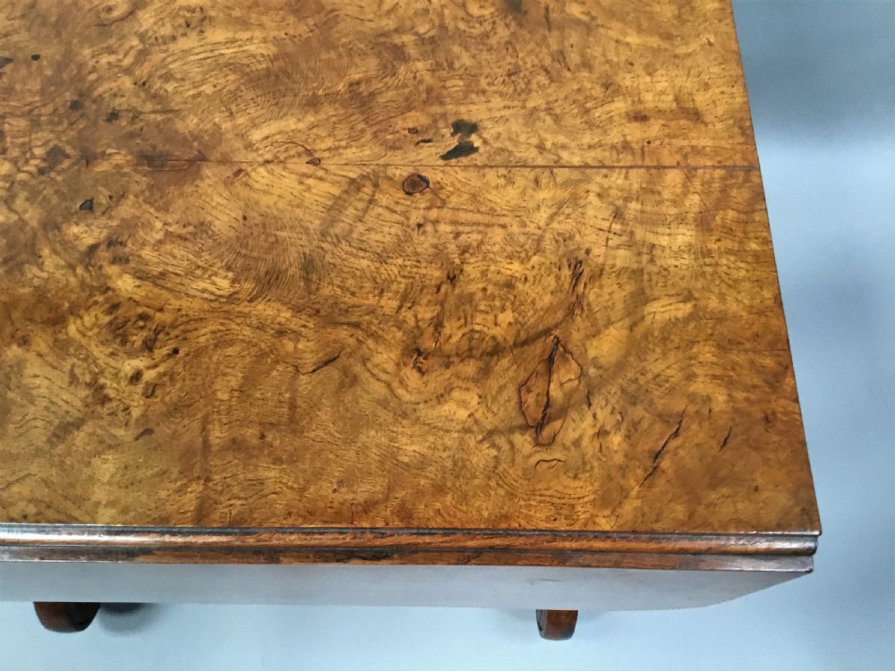 A Regency burr oak drop-flap occasional table featuring lyre-shaped side supports, a single drawer, turned stretcher, and brass castors. View XIV