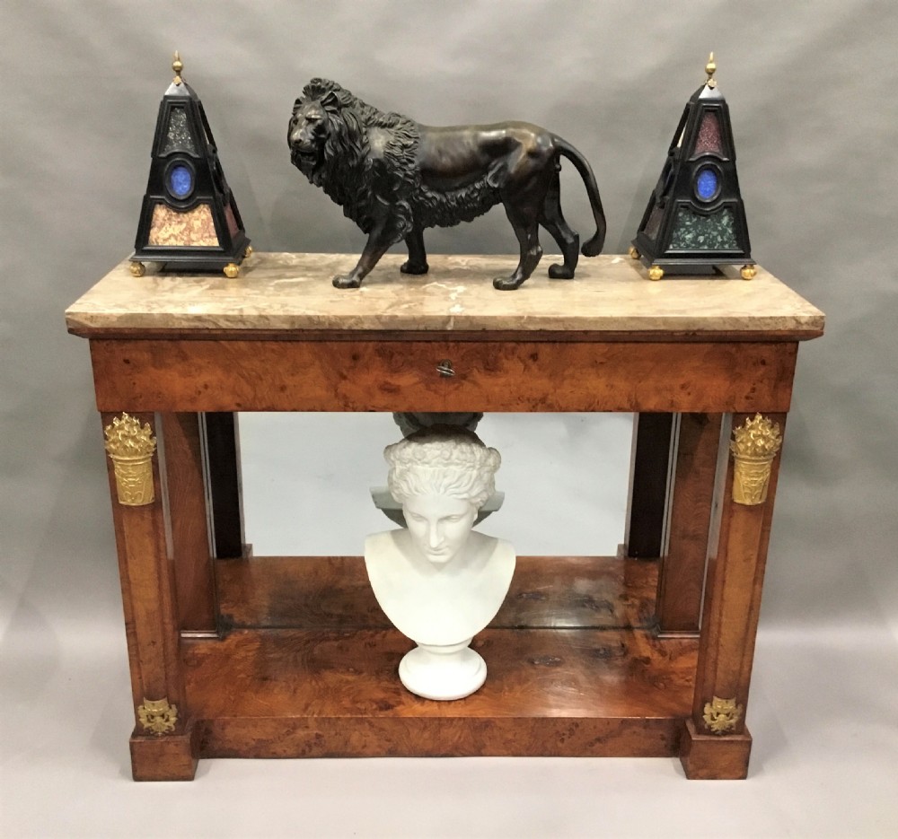 C19th Empire burr elm console table; in the neoclassical manner View II
