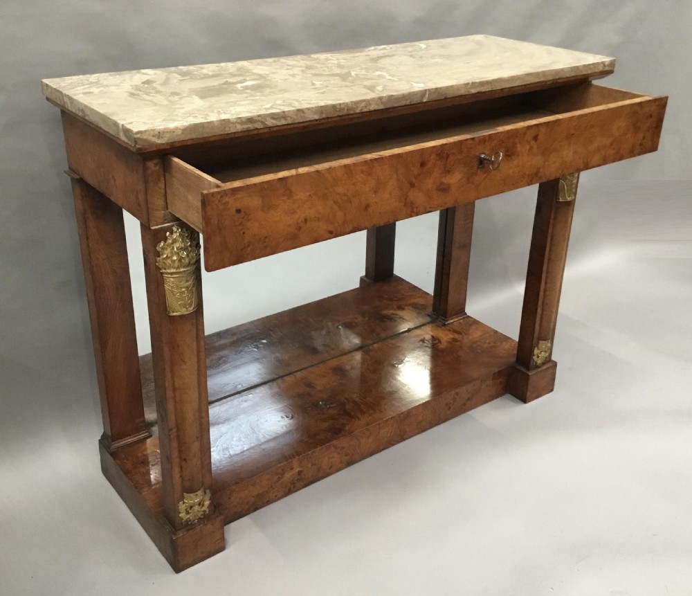 C19th Empire burr elm console table; in the neoclassical manner View V