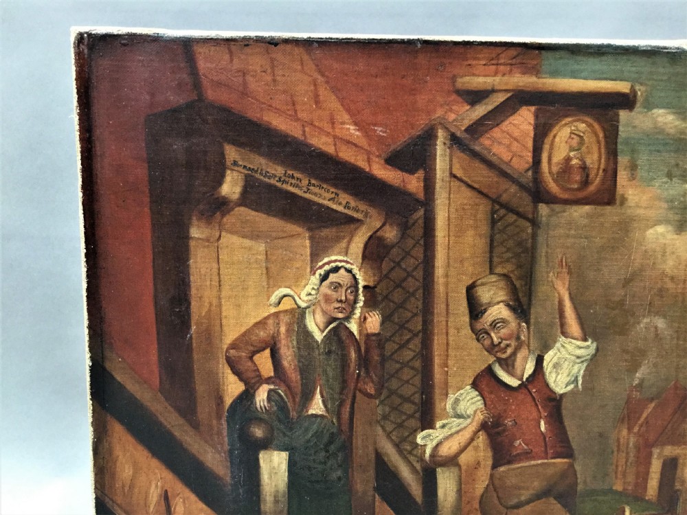 A 19th-century folk art oil painting depicting a dancing man and a woman outside a traditional alehouse with a hanging inn sign. View IV