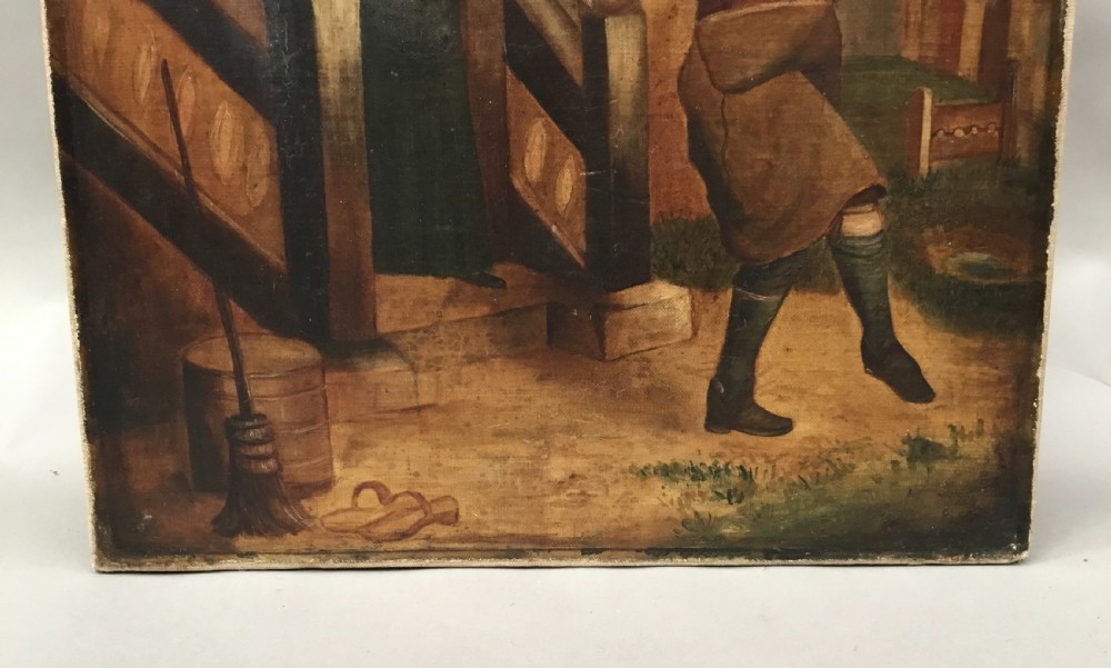 A 19th-century folk art oil painting depicting a dancing man and a woman outside a traditional alehouse with a hanging inn sign. View V