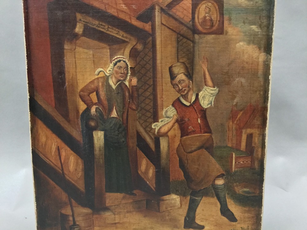 A 19th-century folk art oil painting depicting a dancing man and a woman outside a traditional alehouse with a hanging inn sign. View VIII