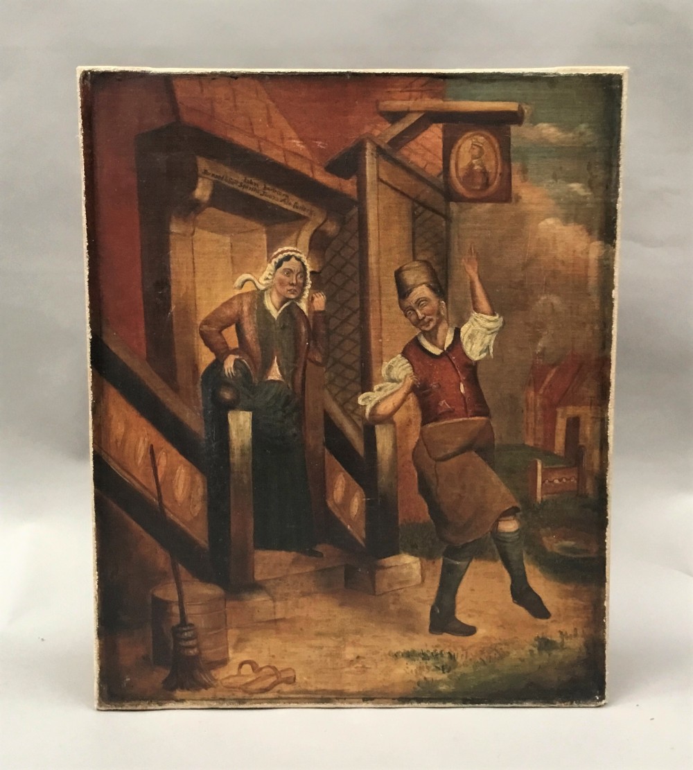 A 19th-century folk art oil painting depicting a dancing man and a woman outside a traditional alehouse with a hanging inn sign.