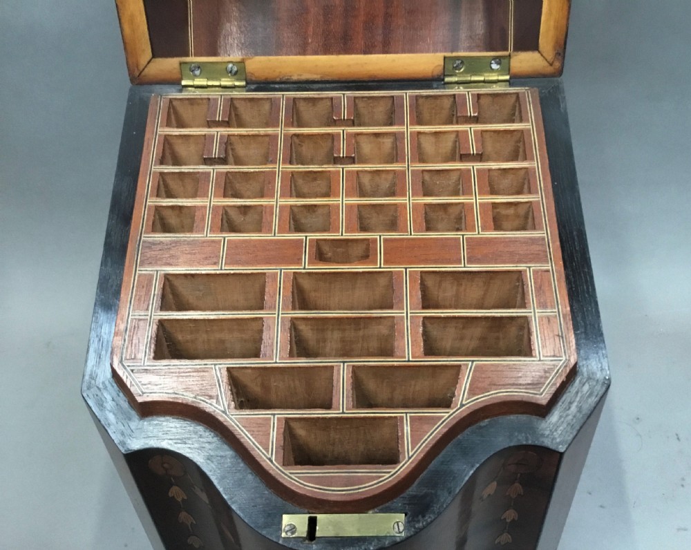 George III Sheraton pair of inlaid mahogany cutlery knife boxes View X