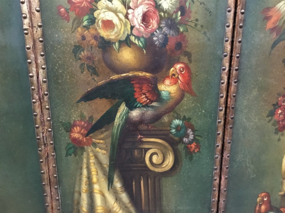 C19th painted leather three fold screen View VII