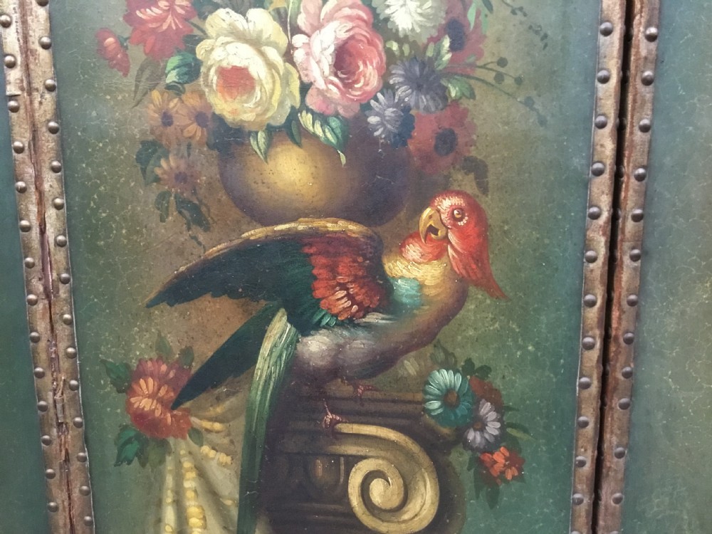 C19th painted leather three fold screen View IX