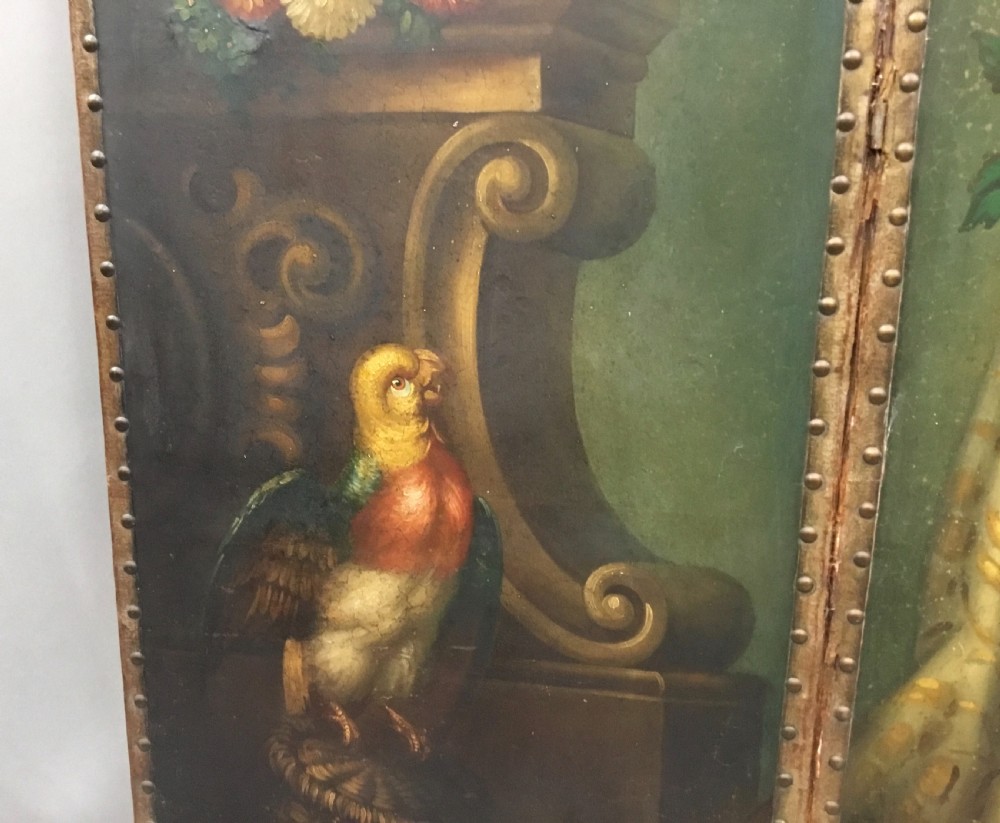 C19th painted leather three fold screen View X