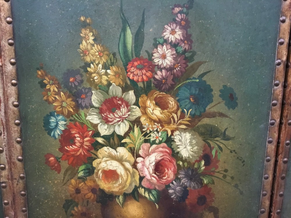 C19th painted leather three fold screen View XI