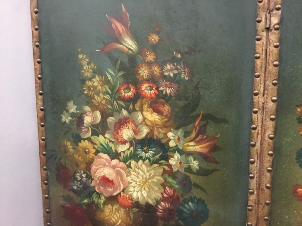 C19th painted leather three fold screen View XII