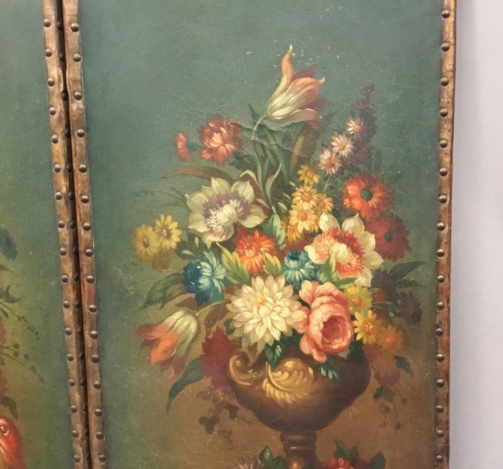C19th painted leather three fold screen View XIII